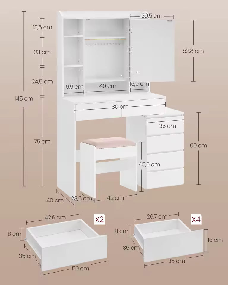 Meuble Coiffeuse avec Miroir LED et Tabouret - Julia