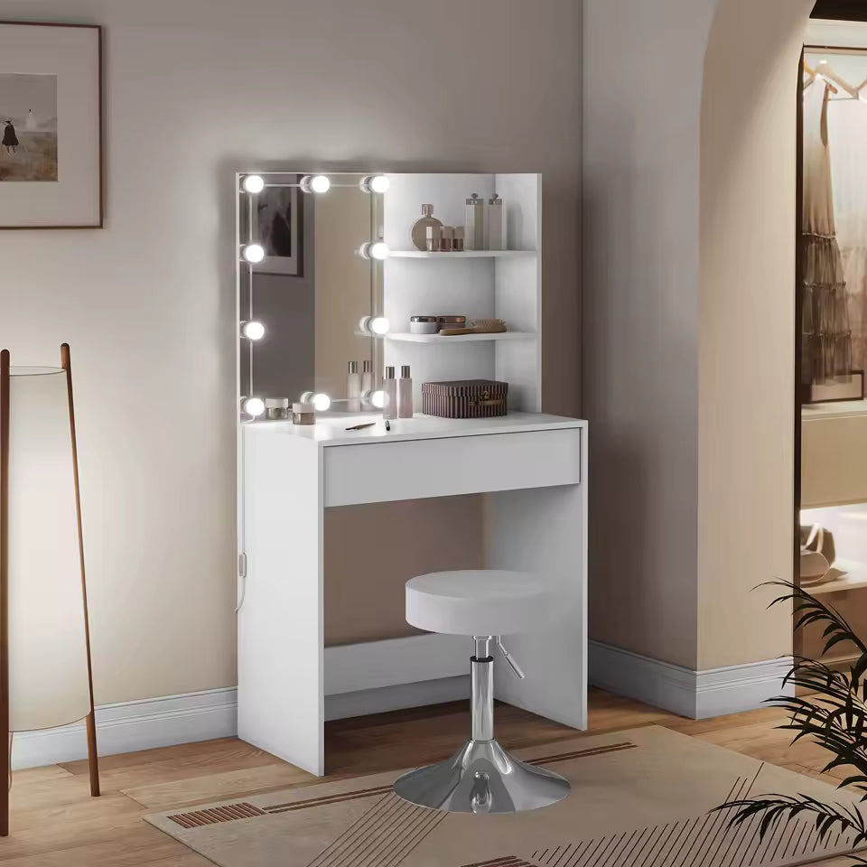 Meuble Coiffeuse avec Miroir Eclairage LED & Tabouret - Delphine