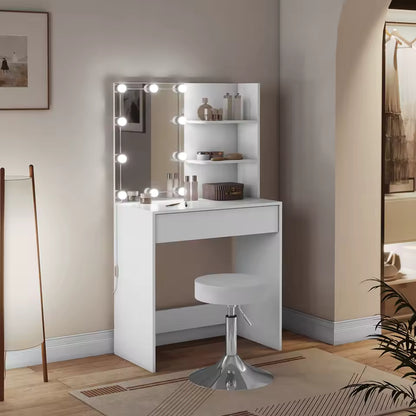 Meuble Coiffeuse avec Miroir Eclairage LED & Tabouret - Delphine