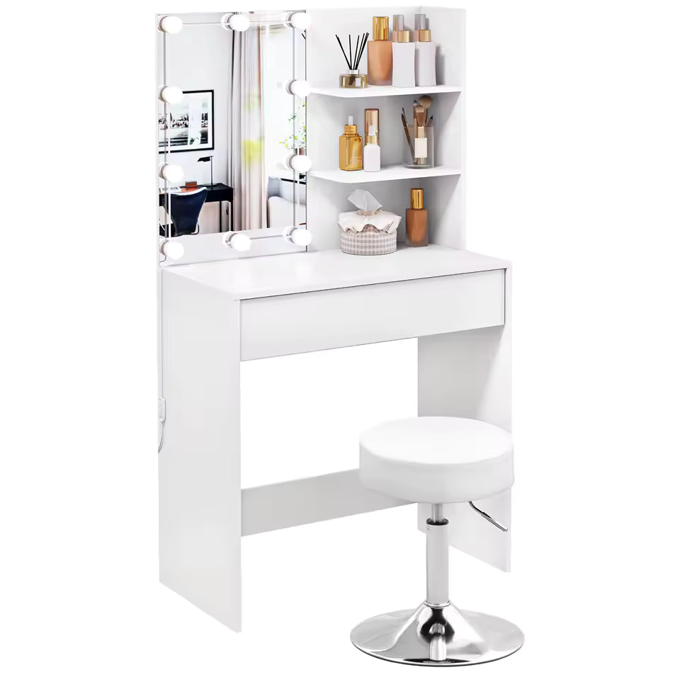 Meuble Coiffeuse avec Miroir Eclairage LED & Tabouret - Delphine