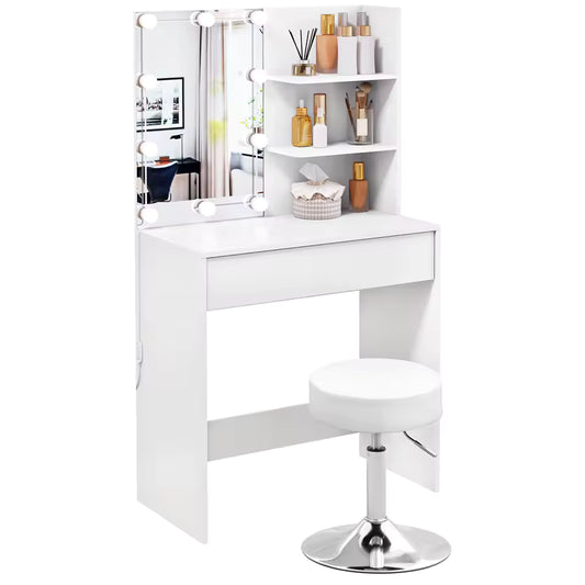 Meuble Coiffeuse avec Miroir Eclairage LED & Tabouret - Delphine