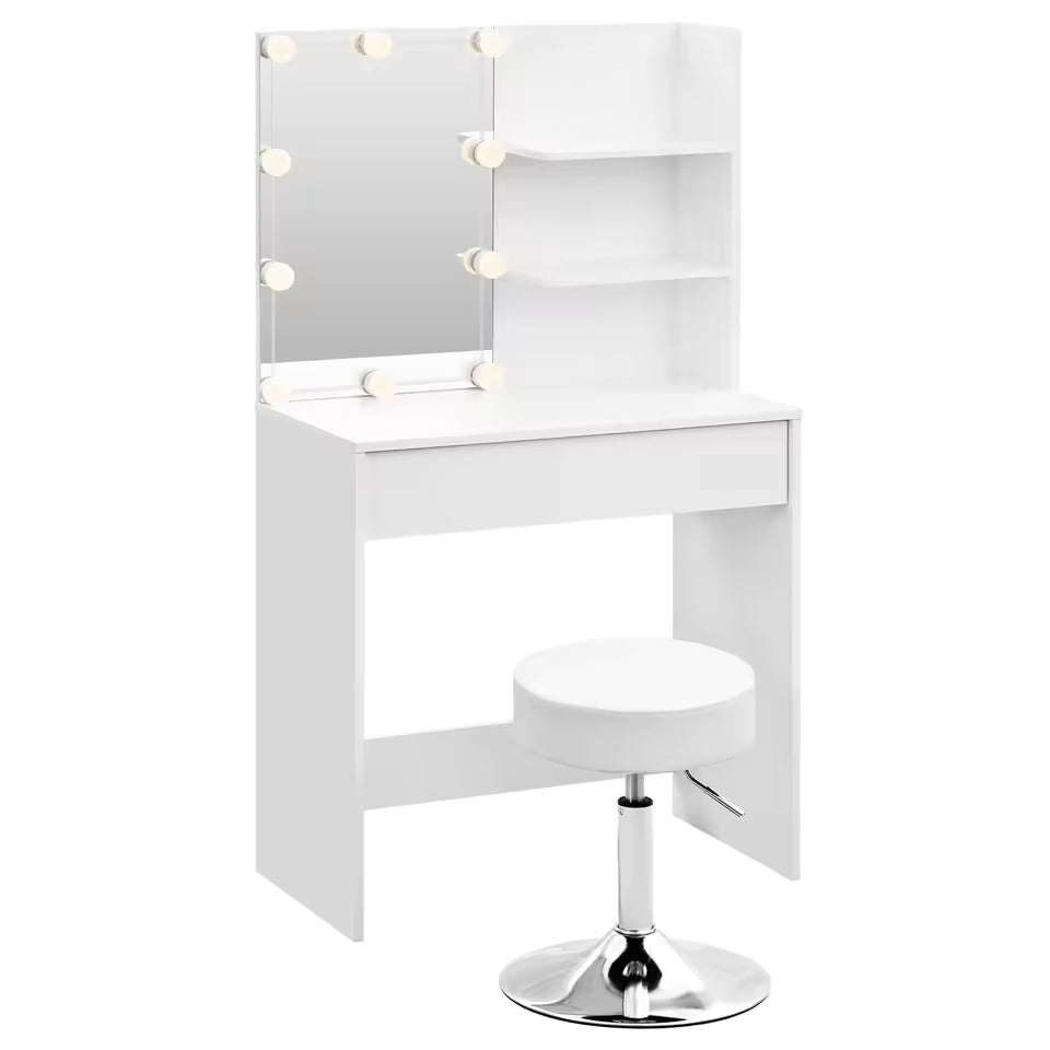 Meuble Coiffeuse avec Miroir Eclairage LED & Tabouret - Delphine
