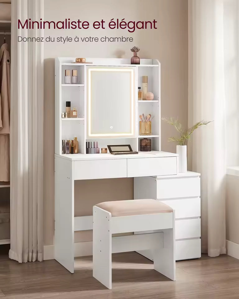 Meuble Coiffeuse avec Miroir LED et Tabouret - Julia