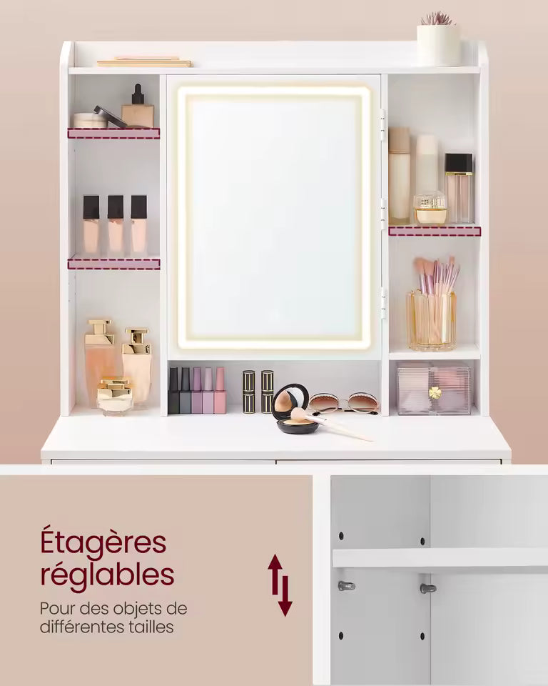 Meuble Coiffeuse avec Miroir LED et Tabouret - Julia