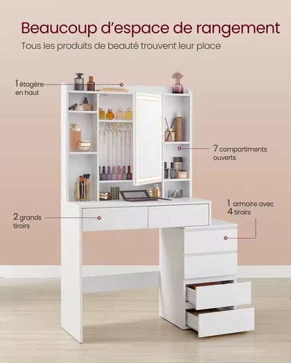 Meuble Coiffeuse avec Miroir LED et Tabouret - Julia