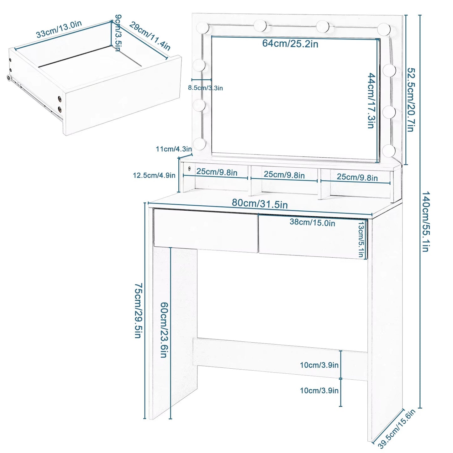 Meuble Coiffeuse avec Ampoules LED et Miroir - Melanie